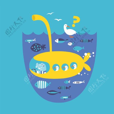 印花矢量图卡通动物鱼潜水艇免费素材