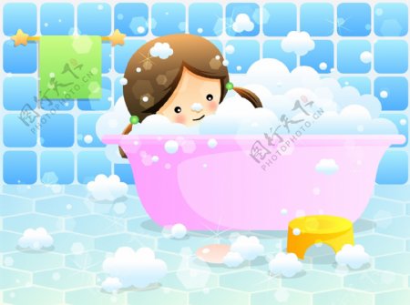 洗澡澡的小女孩图片