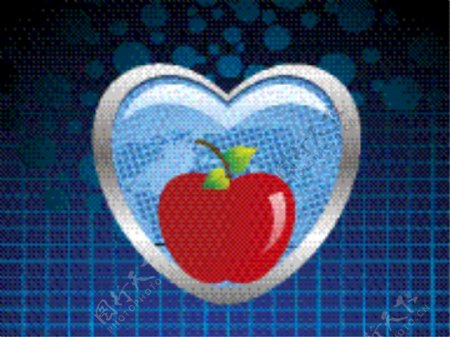 在蓝色的心与新鲜的红苹果的背景