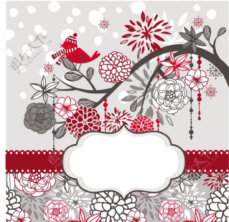 圣诞卡片模板与鸟和降雪红色和灰色的颜色冬季分支
