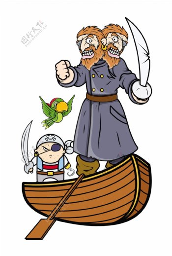 海盗船长和船上的团队卡通插画矢量