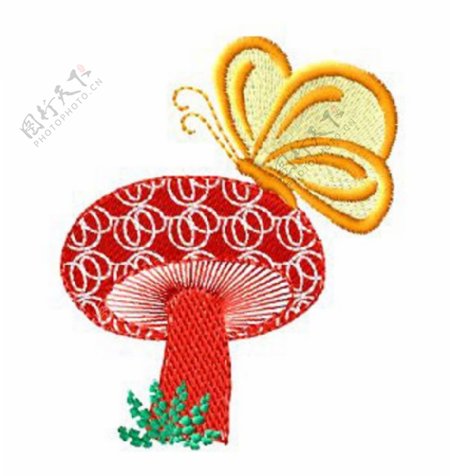 绣花蘑菇蝴蝶免费素材