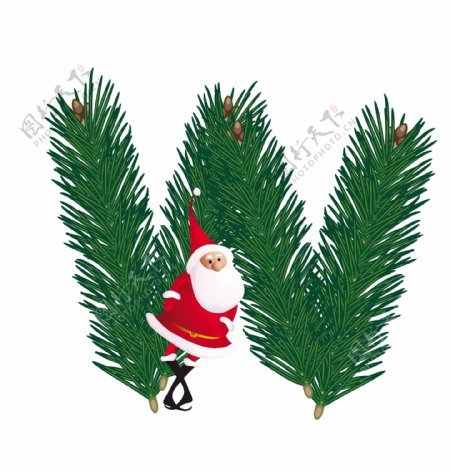 圣诞装饰杉树的ABC字母W矢量有趣的圣诞老人