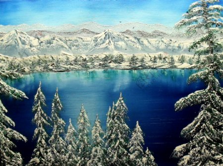 油画冬季湖泊图片