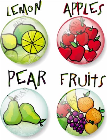 不同的水果的草图圆向量按钮