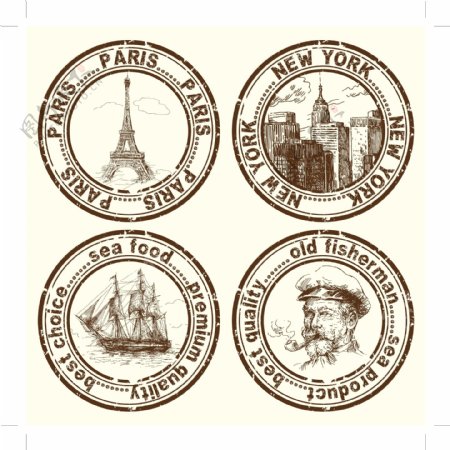 手绘古典建筑邮戳标签图片
