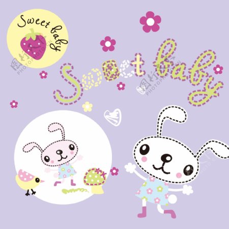 印花矢量图可爱卡通卡通动物兔子草莓免费素材