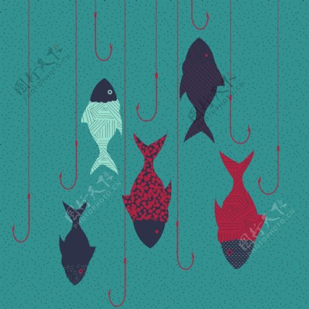 印花矢量图动物图案鱼鱼钩免费素材