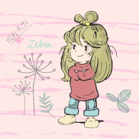 印花矢量图可爱卡通卡通人物女孩植物免费素材