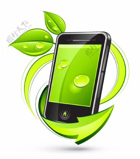 绿色环保手机3d箭头绿叶水珠水滴图片