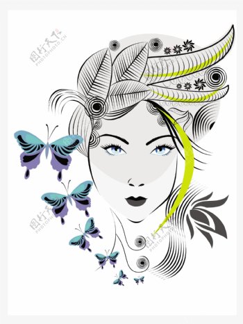 摘要女性优雅的发型和蓝色的蝴蝶