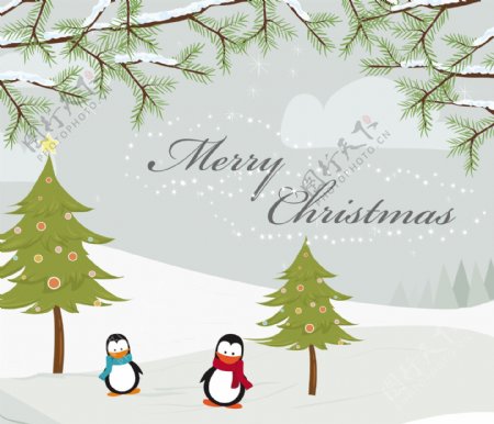 矢量圣诞贺卡与企鹅