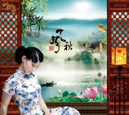 中国元素之美女赏夏荷图片
