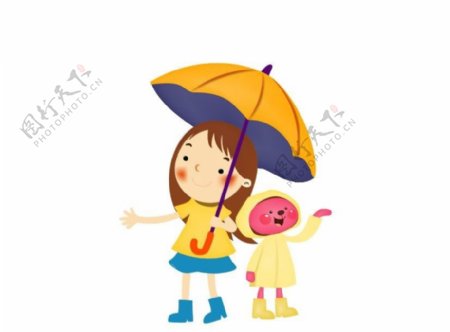 撑着雨伞的卡通女孩和兔子图片
