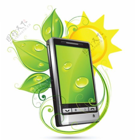 绿色环保手机绿叶水珠水滴图片