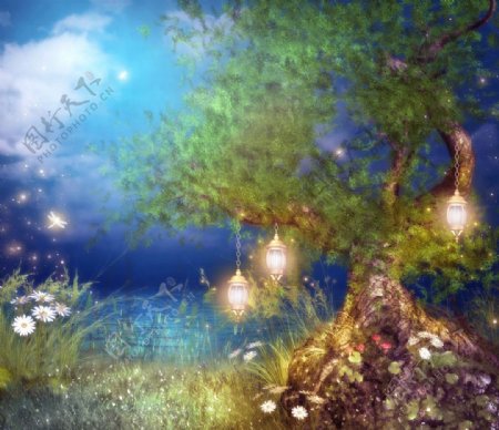 浪漫温馨背景油灯绿树湖水花朵图片