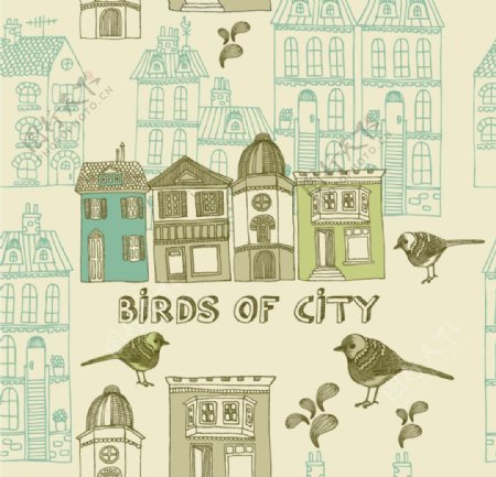 古典街景插画复古鸟之城插画图片