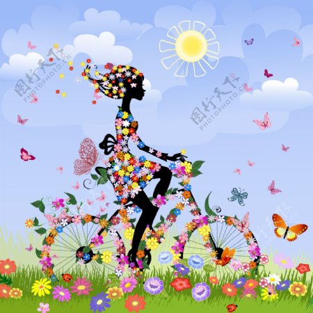 春天满身鲜花蝴蝶骑着自行车的美女图片