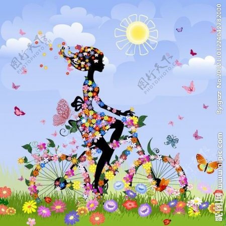 春天满身鲜花蝴蝶骑着自行车的美女图片