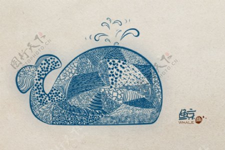 青花瓷质感拼布鲸鱼数字绘画图片