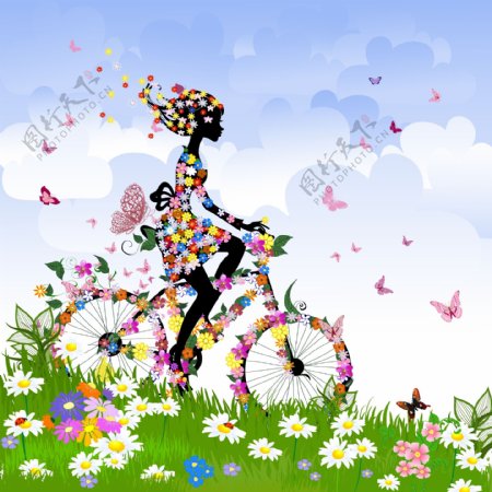 春天骑车自行车的花纹美女图片