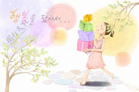 韩国手绘风清新少女快乐的捧礼物图片