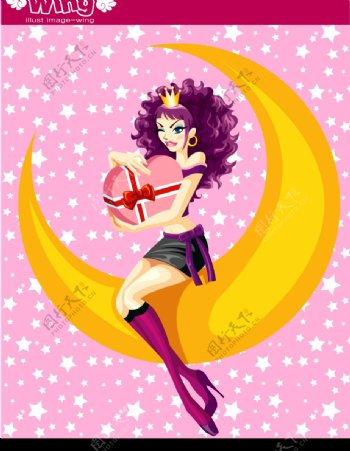 美女月亮粉色背景图片