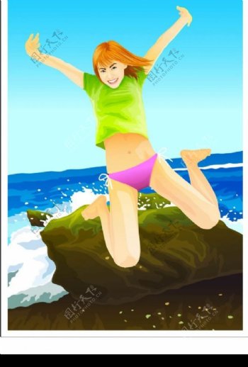 海边跳跃女孩图片
