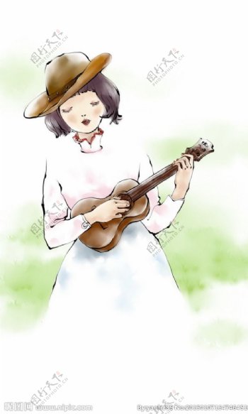 弹吉他的女孩插画图片