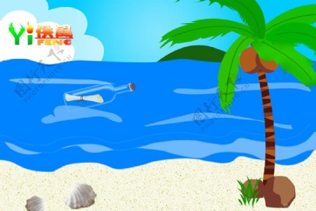 鼠绘沙滩椰子树下大海漂流瓶图片