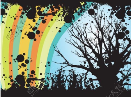 彩虹下的枯树墨迹背景图片