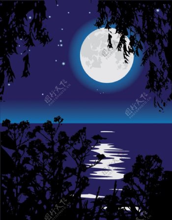 圆月河流树木夜景图片