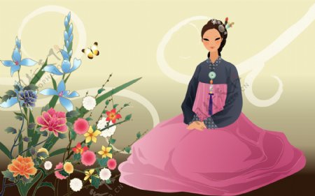 手绘朝鲜族美女图图片