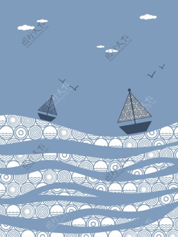 动感线条海浪帆船海鸥图片