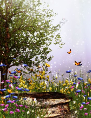 浪漫背景蝴蝶花朵大树图片