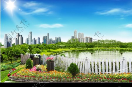 韩国分层素材高楼白云花园湖水图片