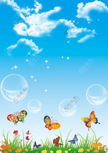 蝴蝶花草天空白云图片
