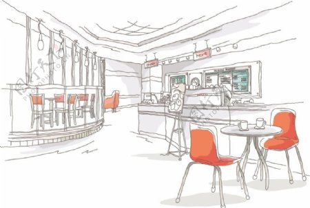 手绘线条咖啡厅室内图片