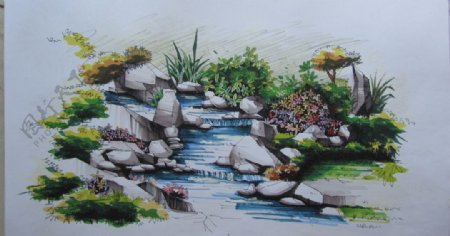 小溪石头水景手绘图片
