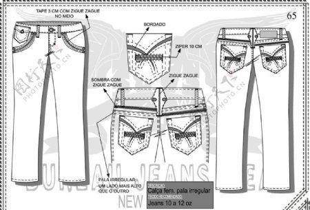 牛仔裤设计手稿袋口拉链图片