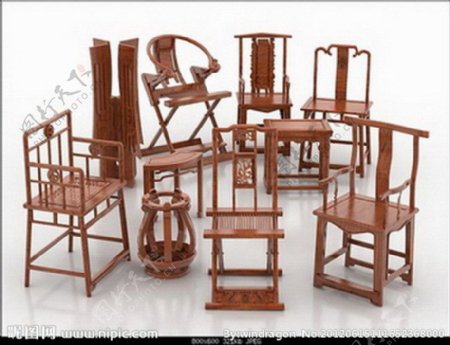 中式椅子集3D模型图片
