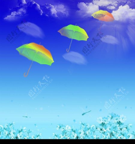 蓝天白云雨伞图片