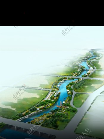 河道两边景观设计鸟瞰图图片