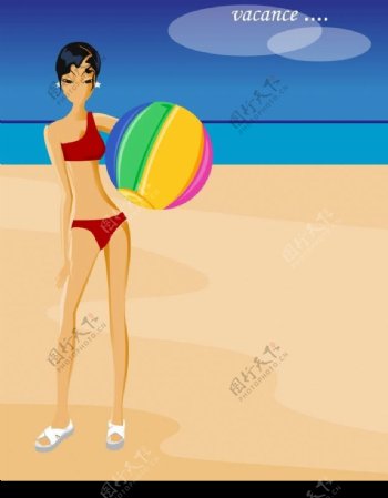 海边玩气球的美女图片