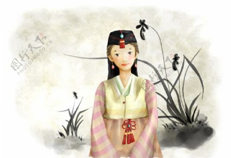手绘水彩穿韩服的女孩插画图片