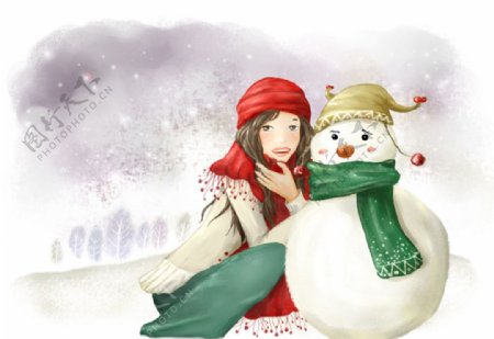 手绘水彩和雪人拍照的女孩插画图片