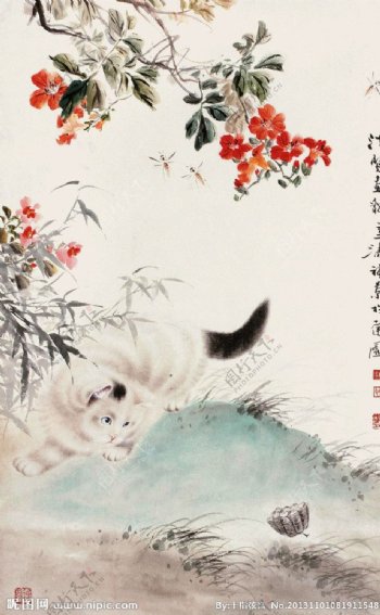 猫戏莲蓬图片