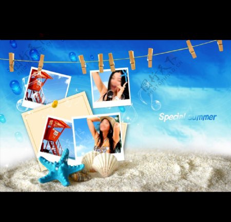 沙滩海星贝壳蓝色背景素材图片