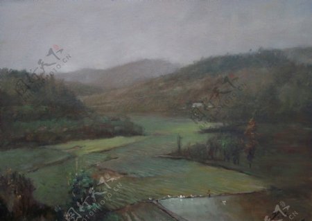 油画写生川西山沟里的田野图片