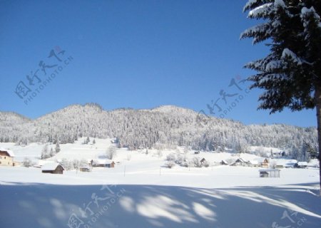 雪山中的小房子图片